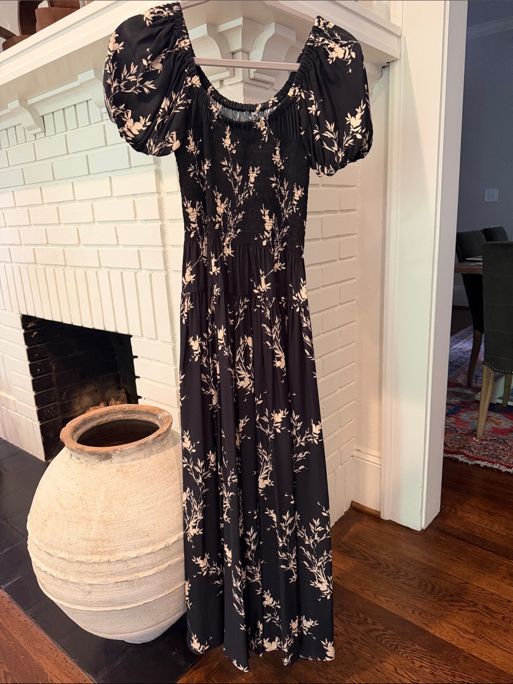 La Ligne Black Maxi Dress with Cream Floral Print and Puff Sleeves